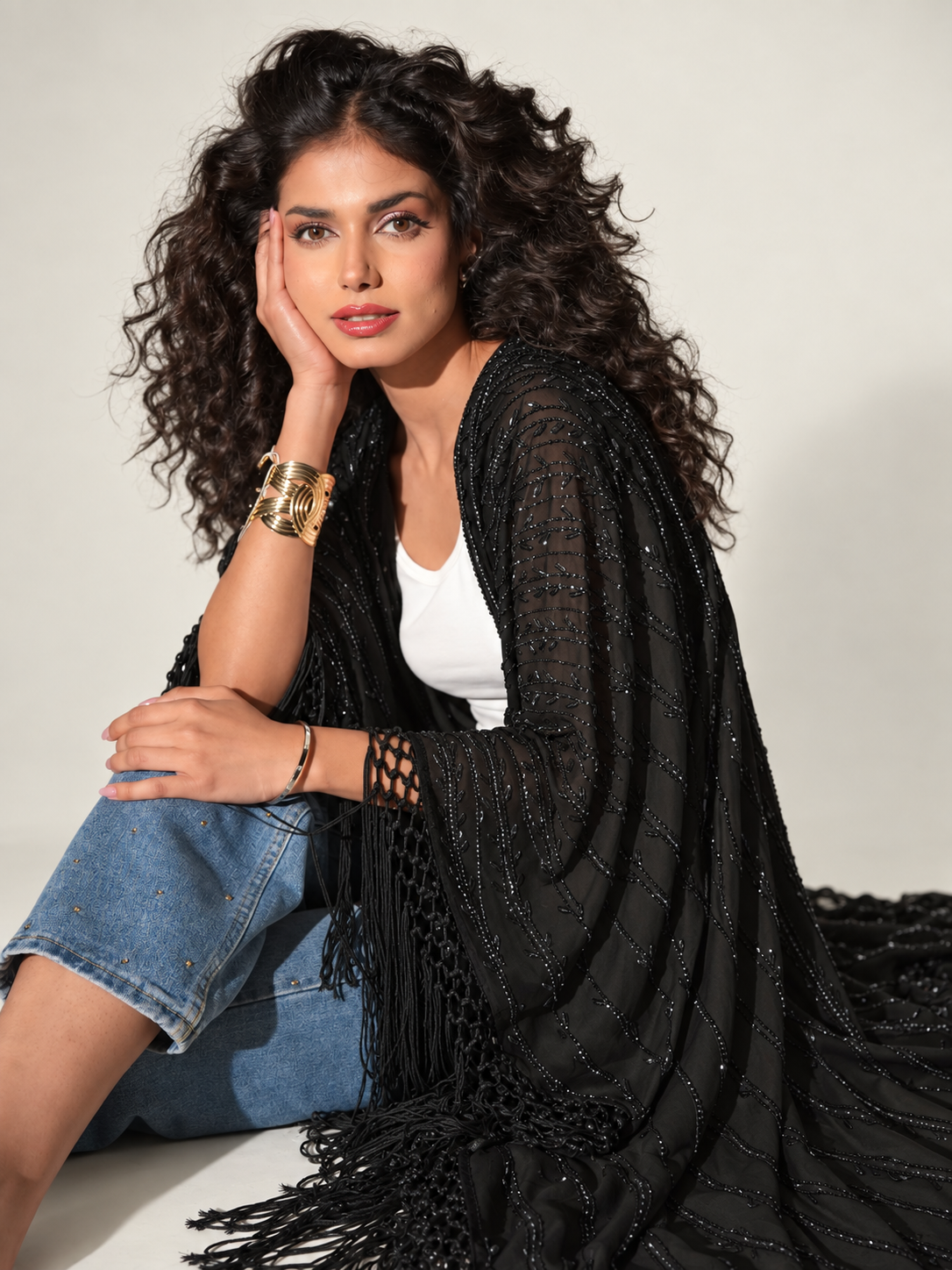 Fi Black Statement Hand Embellished Fringe Trim Kimono