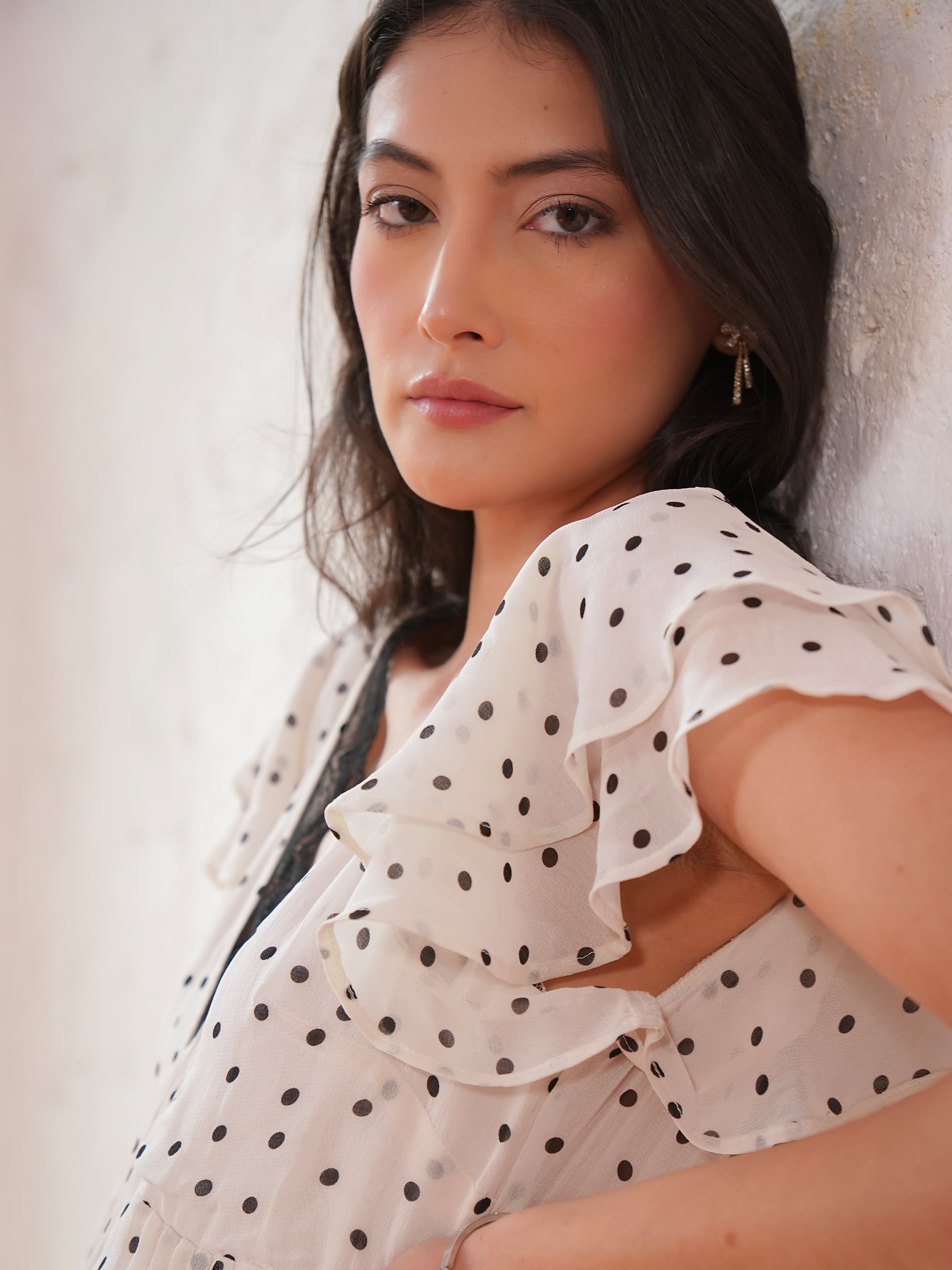 Chloe Ivory Spot Print Lace Detail Tie Waist Maxi Dress