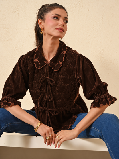 Jay Chocolate Brown Velvet Tie Front Top