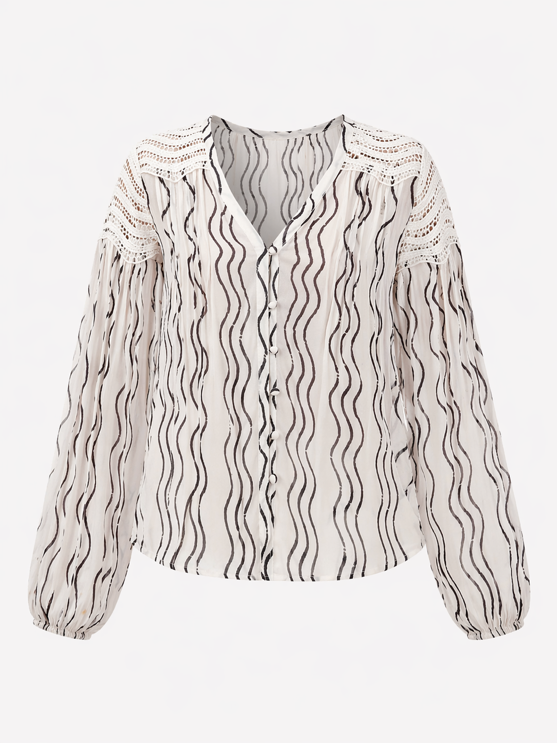 Corinne Cream Waves Print Lace Trim Blouse