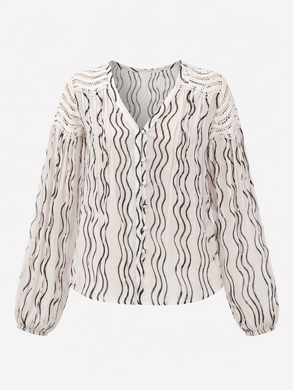Corinne Cream Waves Print Lace Trim Blouse