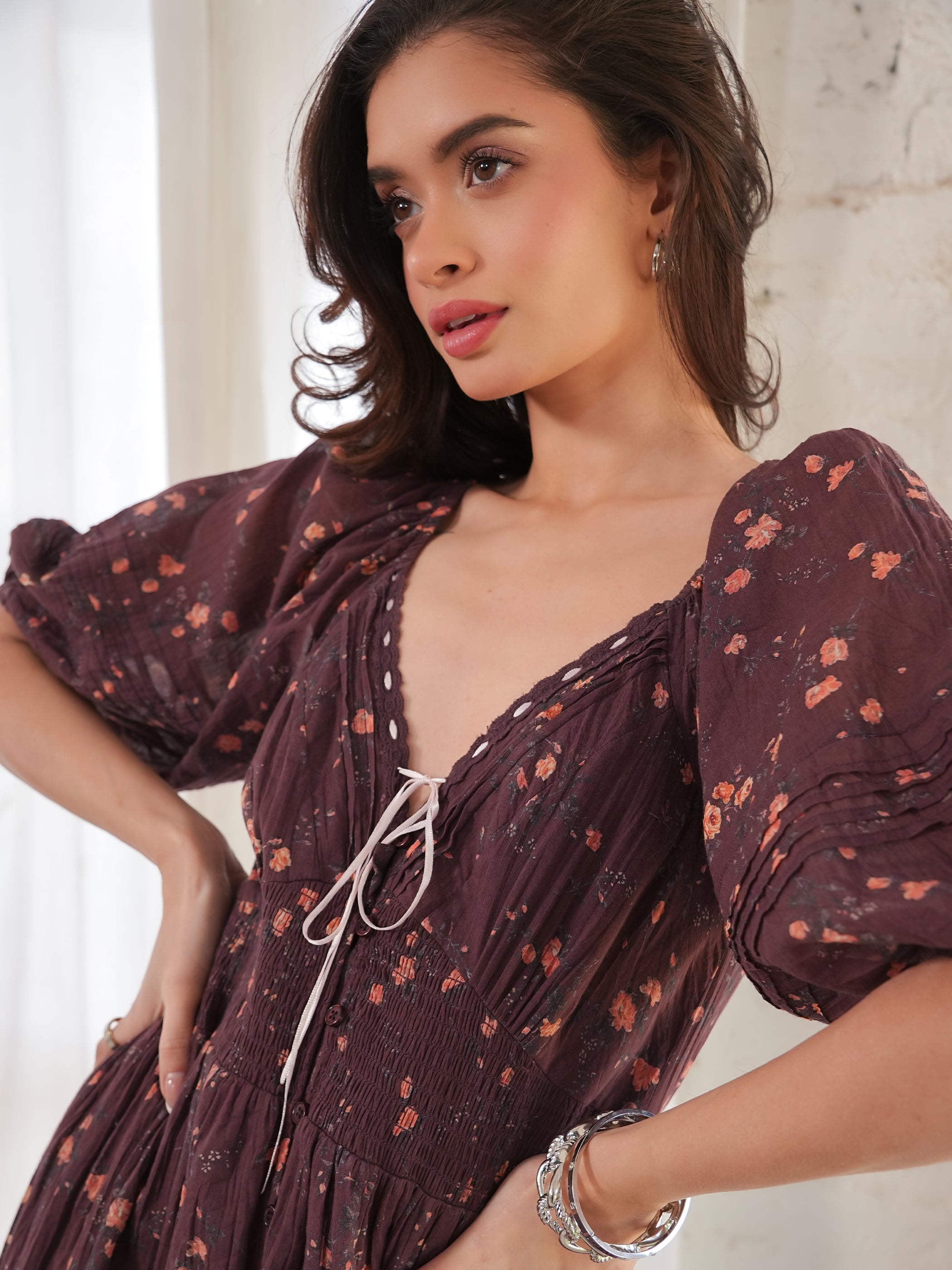 Eloise Burgundy Floral Cotton Crinkle Midi Dress