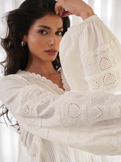 Harri White Cotton Heart Lace Blouse