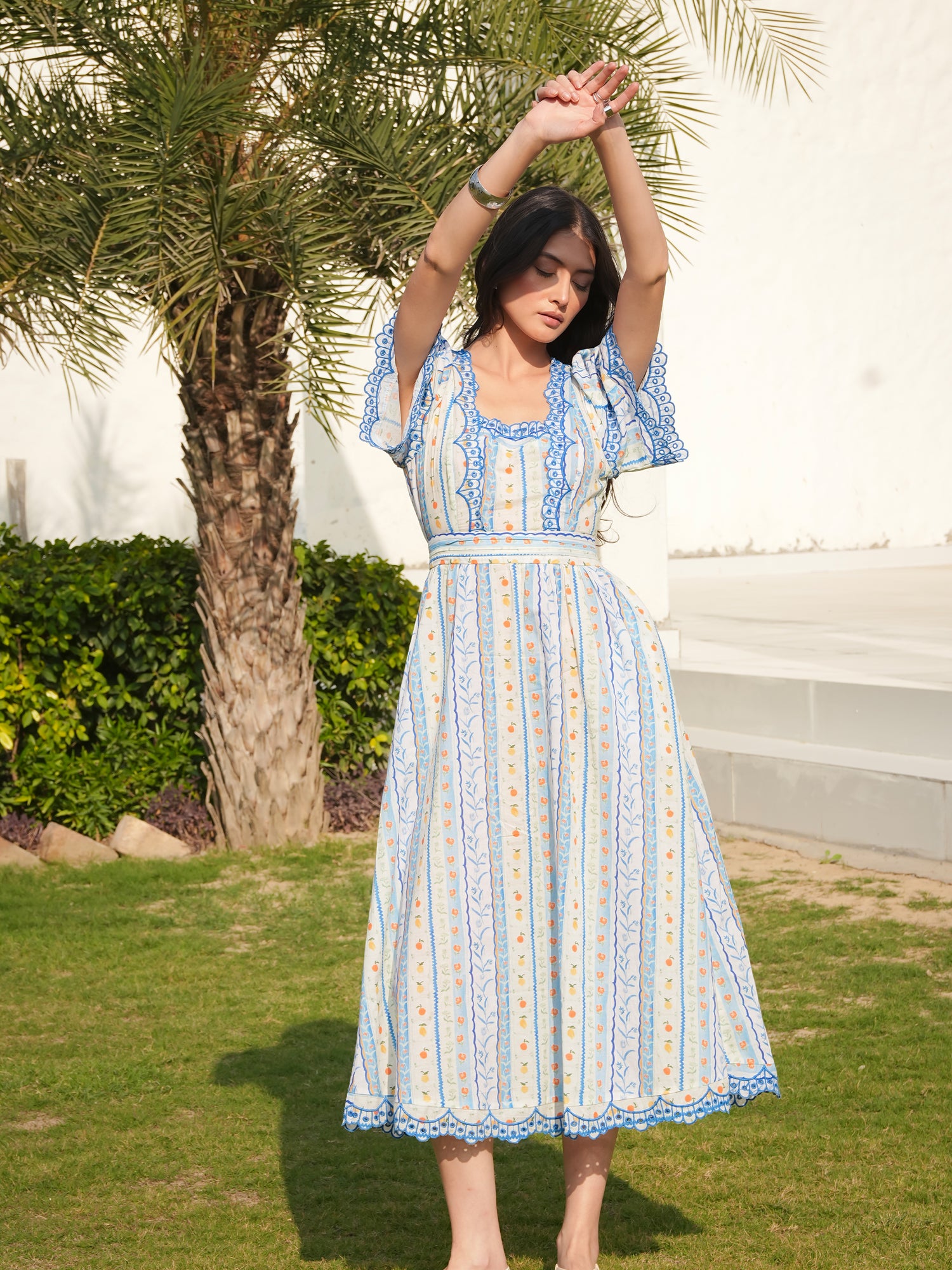 Bella Blue An White Ditsy Print Embroidered Midi Dress