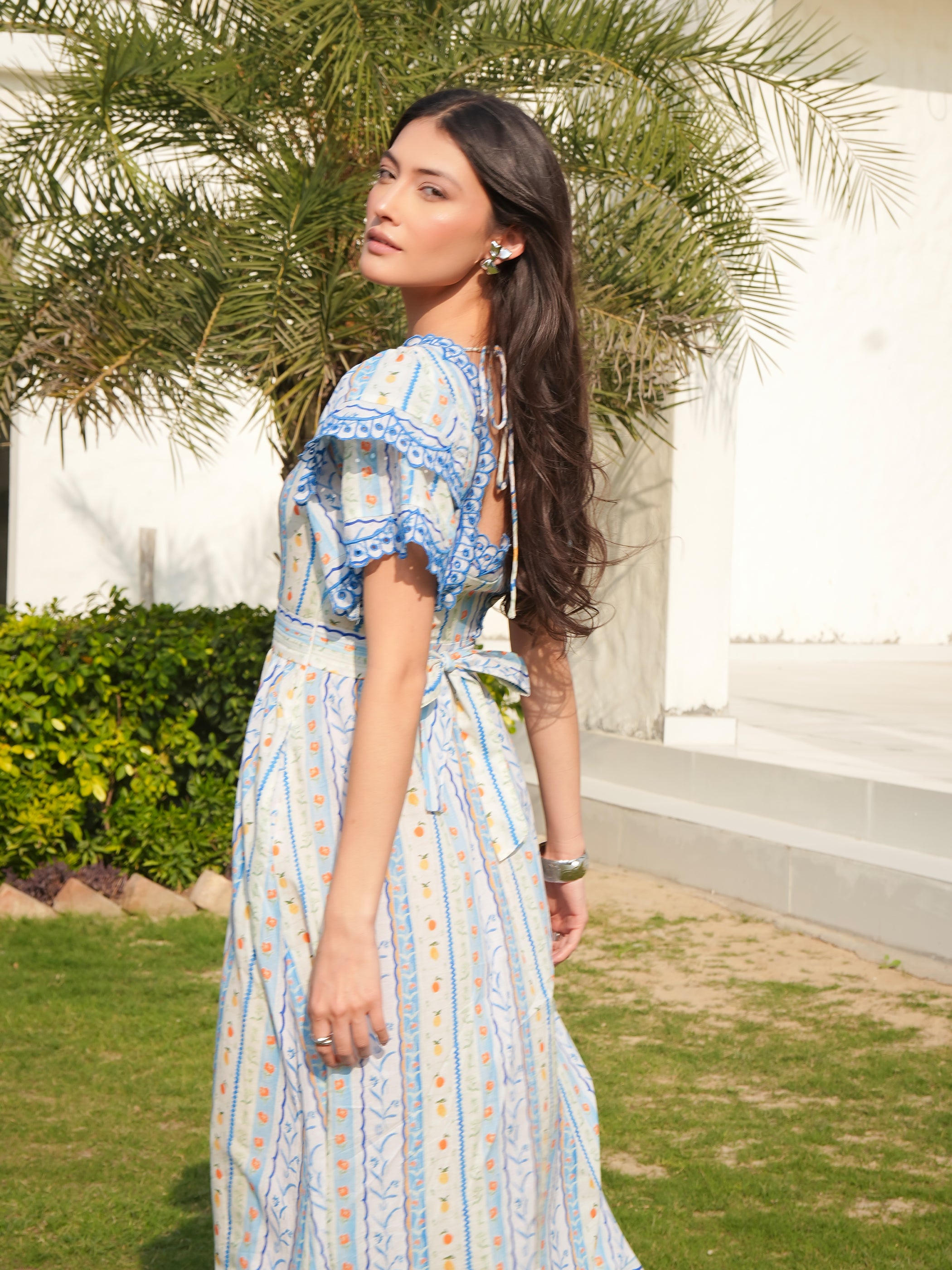 Bella Blue An White Ditsy Print Embroidered Midi Dress