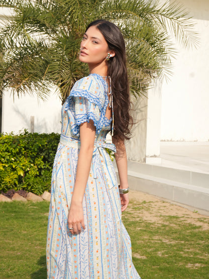 Bella Blue An White Ditsy Print Embroidered Midi Dress