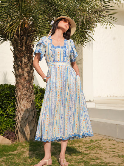 Bella Blue An White Ditsy Print Embroidered Midi Dress