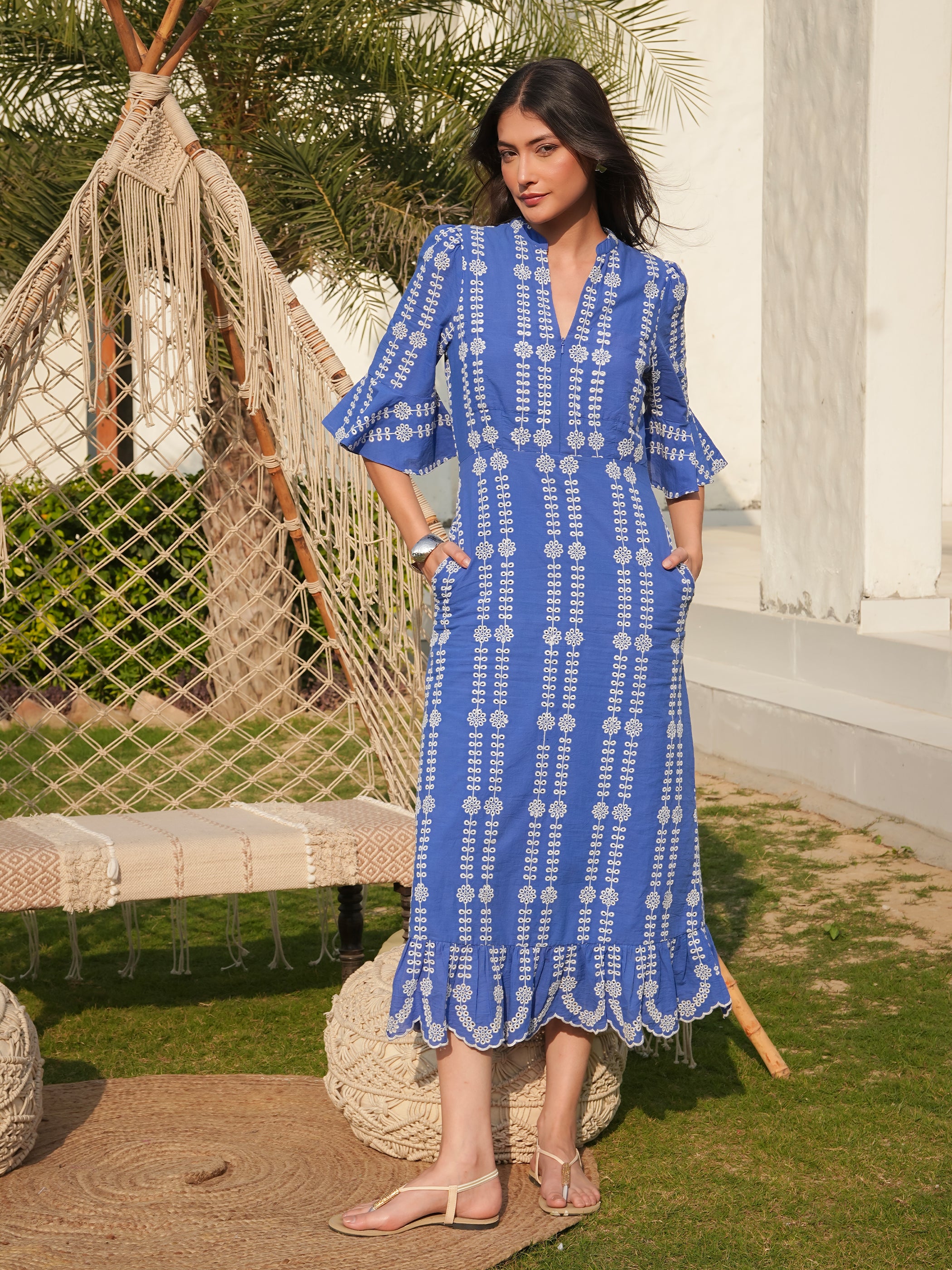 Cat Blue Cotton Broderie Midi Dress