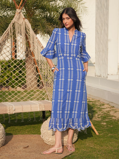 Cat Blue Cotton Broderie Midi Dress