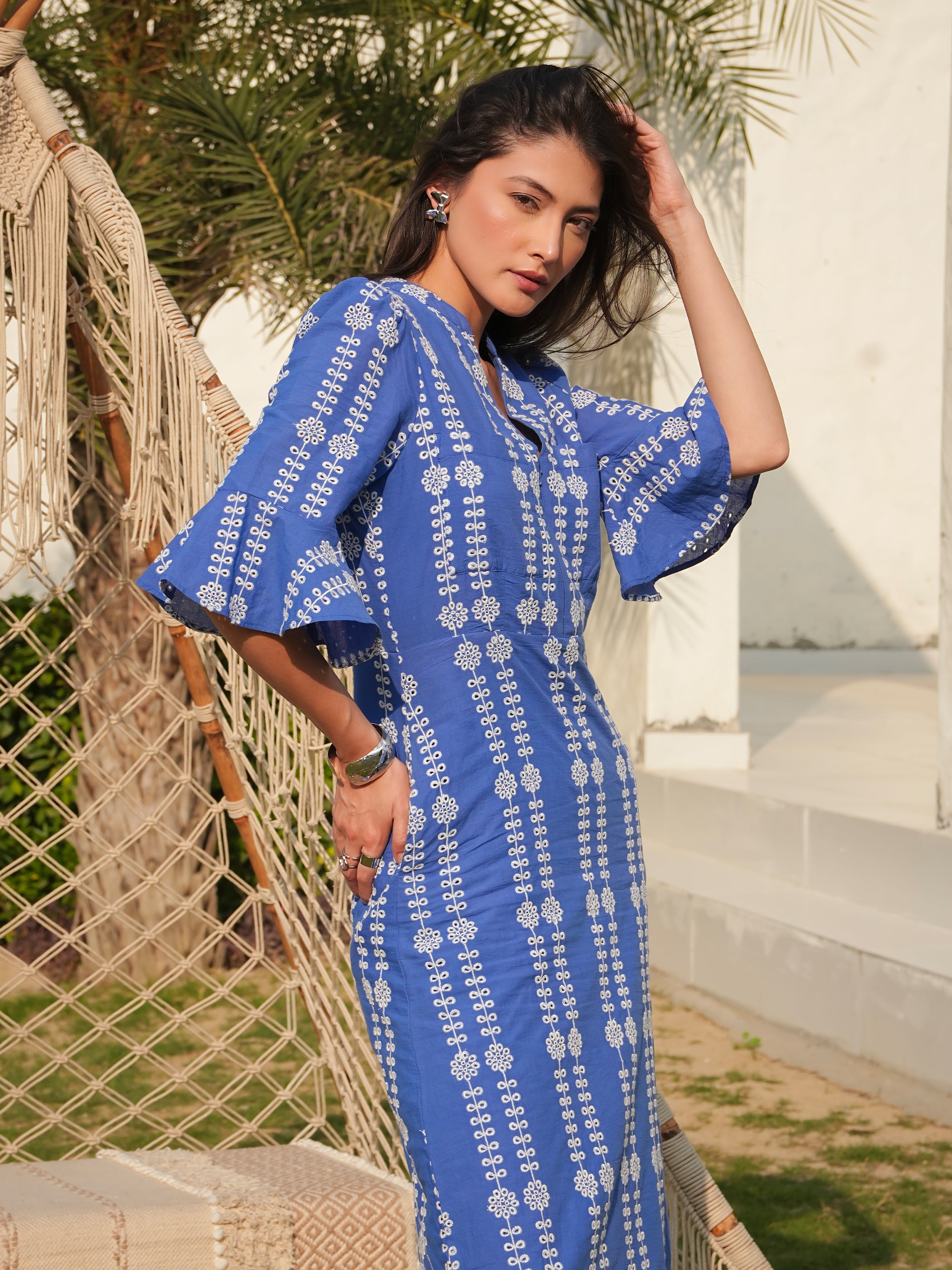 Cat Blue Cotton Broderie Midi Dress