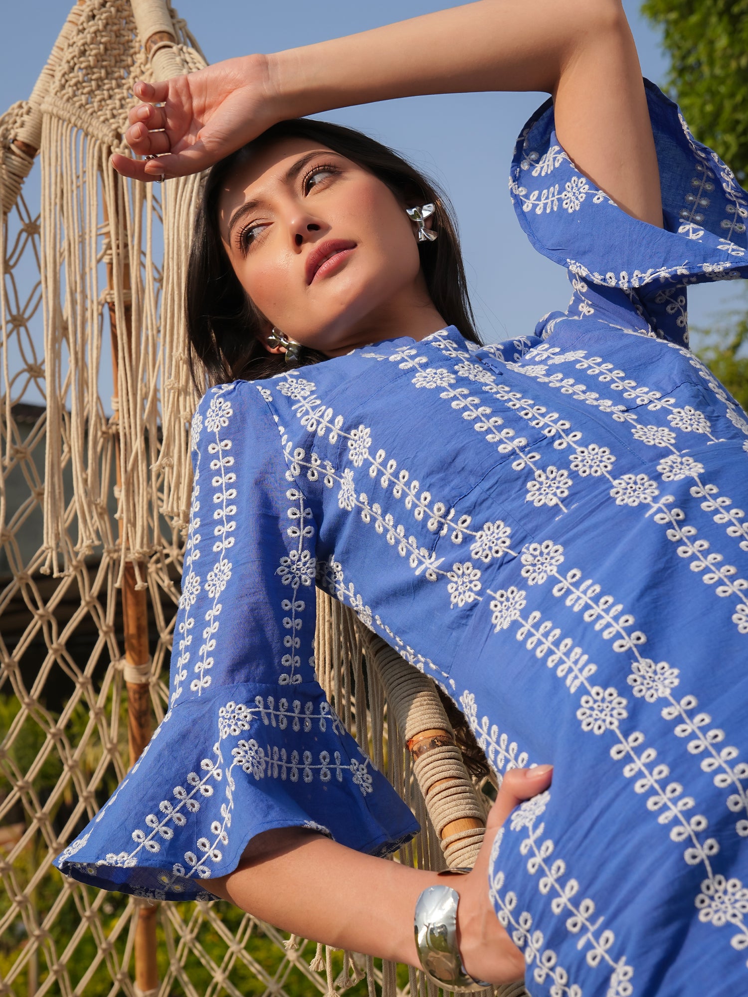 Cat Blue Cotton Broderie Midi Dress