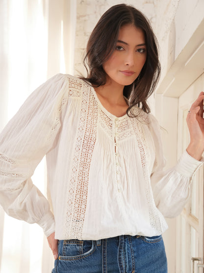 Amy Ivory Cotton Lace Pintuck Blouse