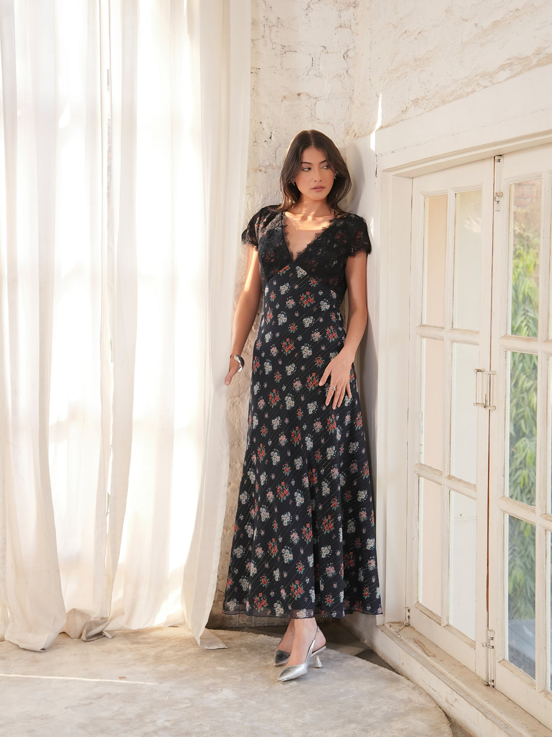 Jess Lace Trim Navy And Black Floral Maxi