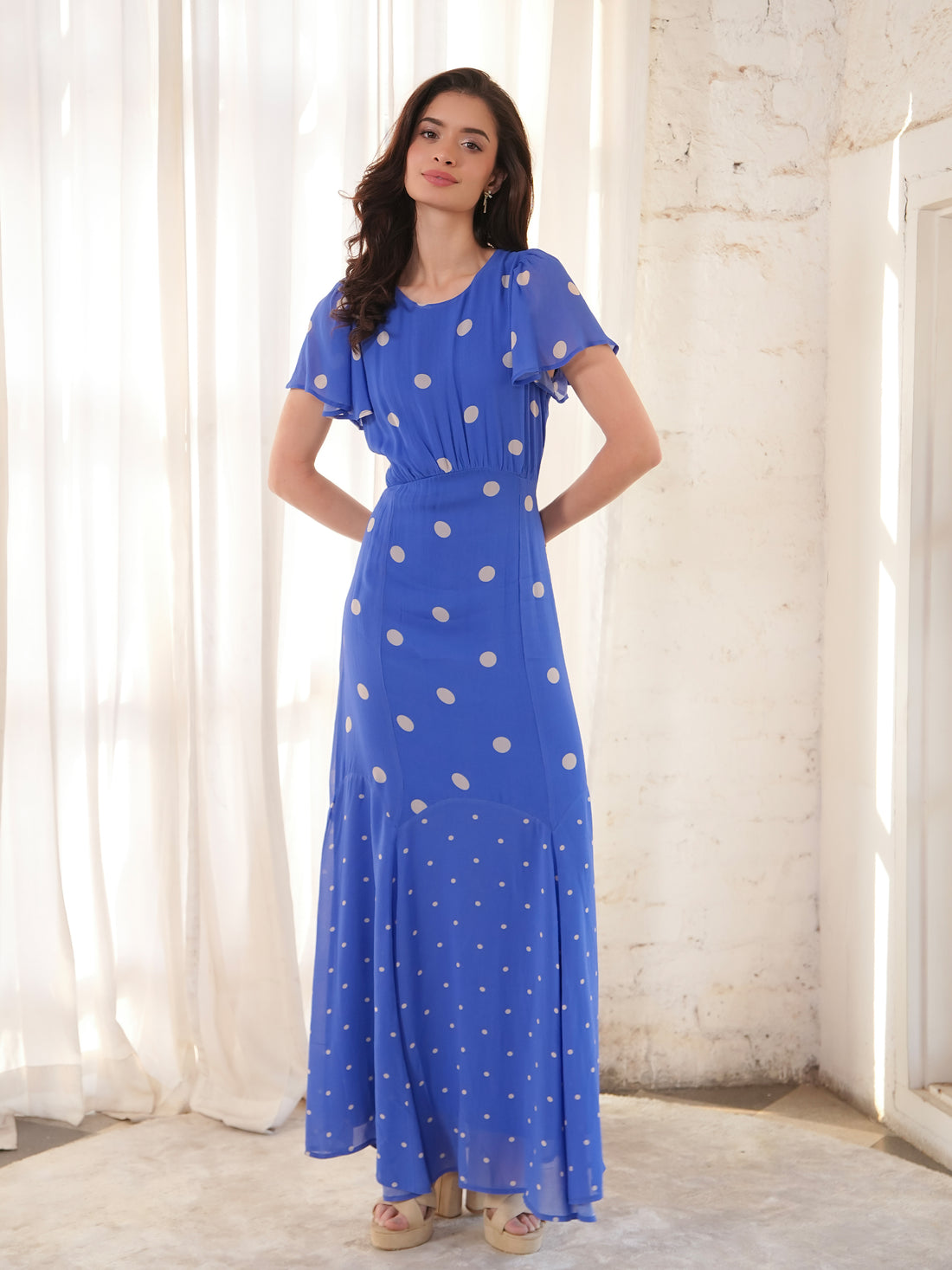 Joanna Blue And White Polka Dot Print Frill Sleeve Maxi Dress