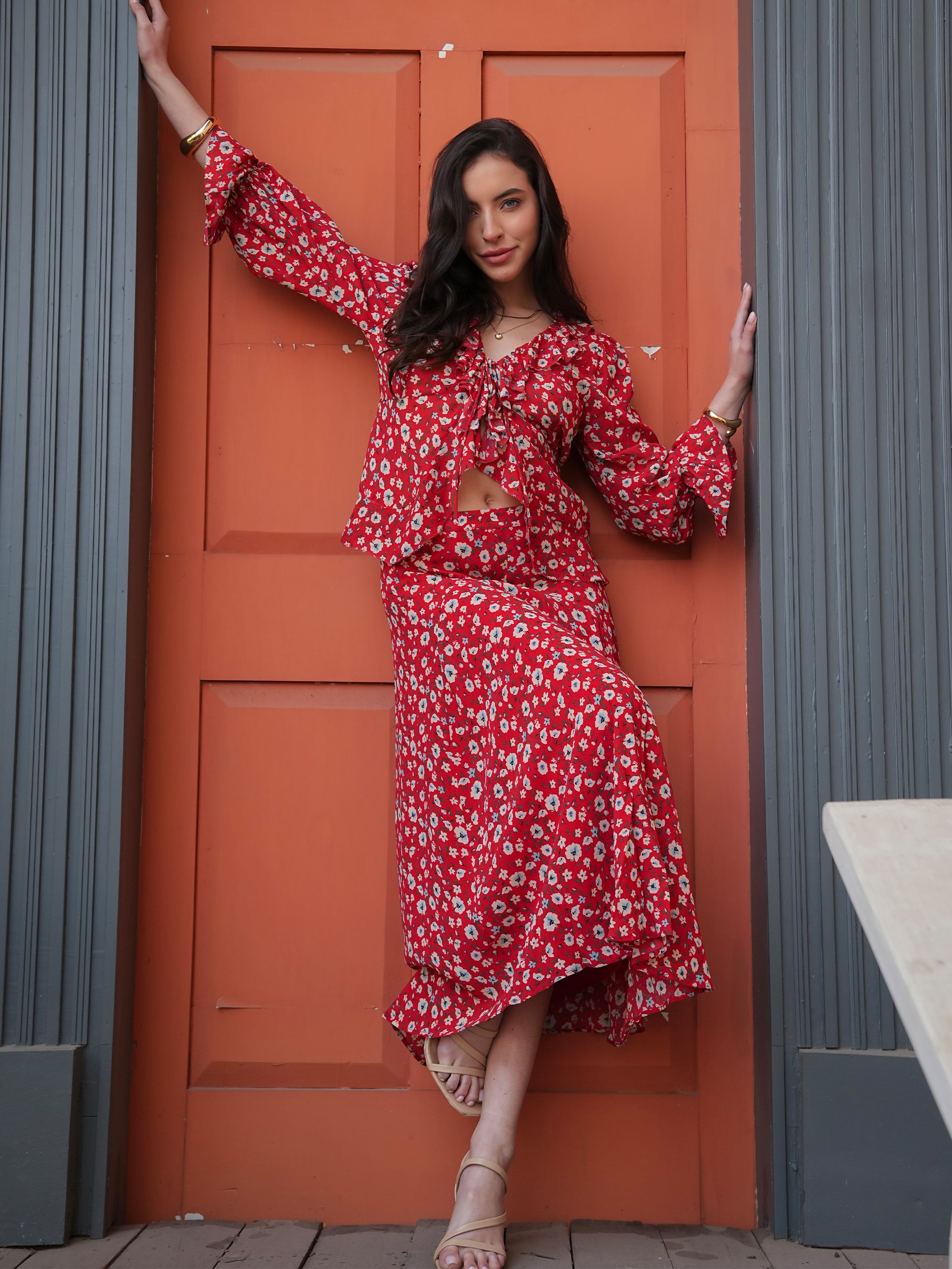 Philippa Red Floral Print Midi Skirt