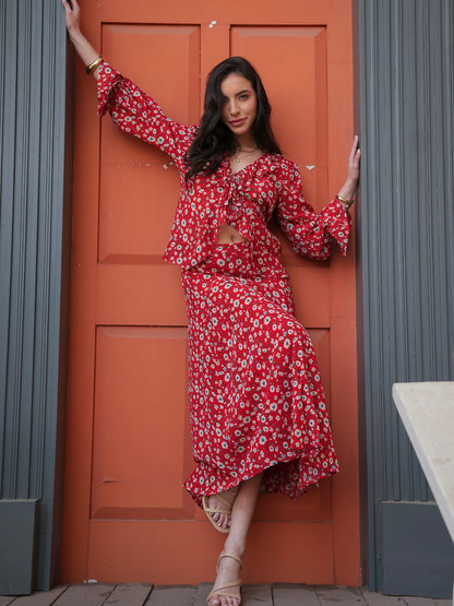 Philippa Red Floral Print Midi Skirt