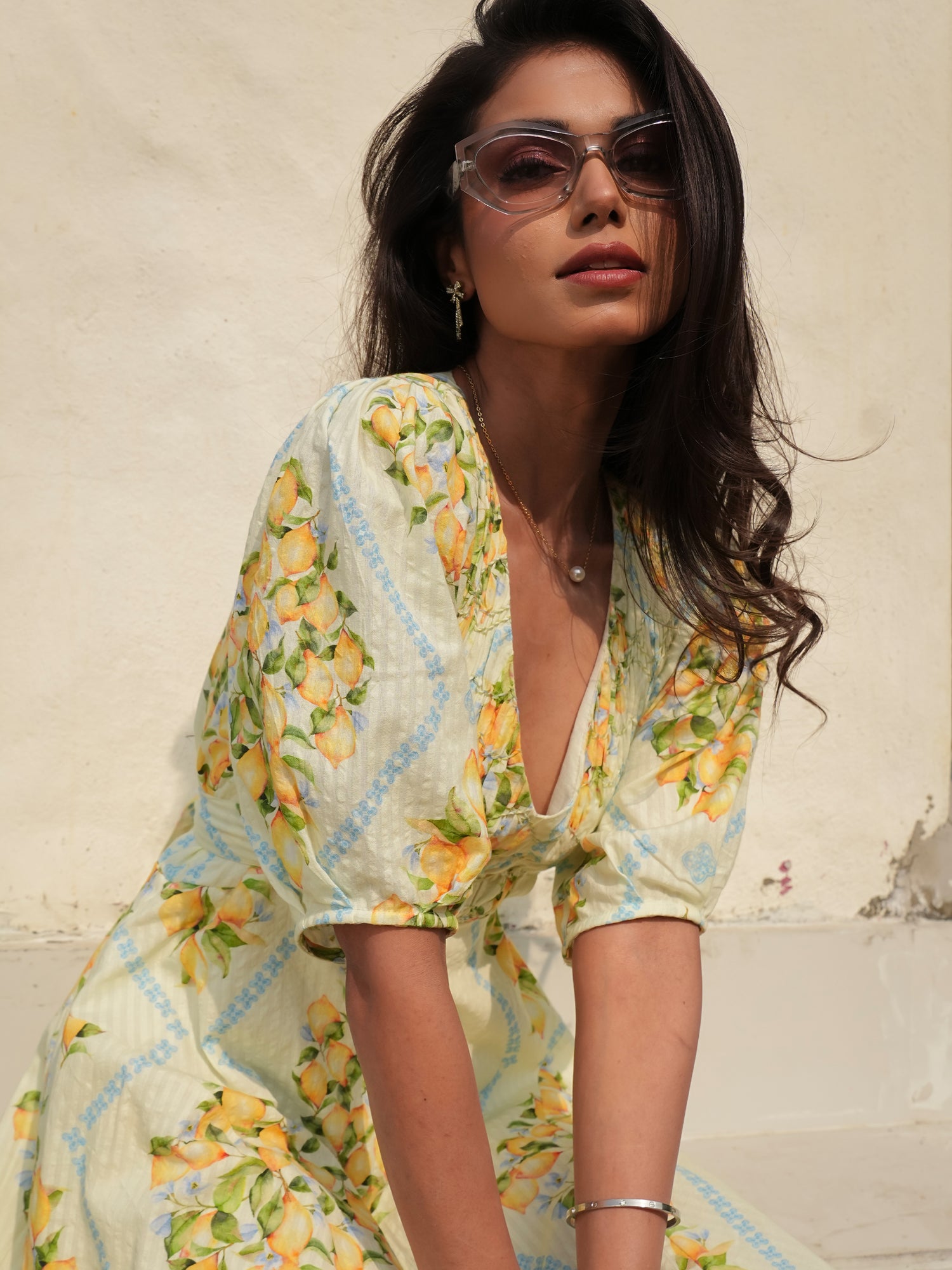 cotton lemon print dress Blue Lemon Print Cotton Midi Dress - All Dresses