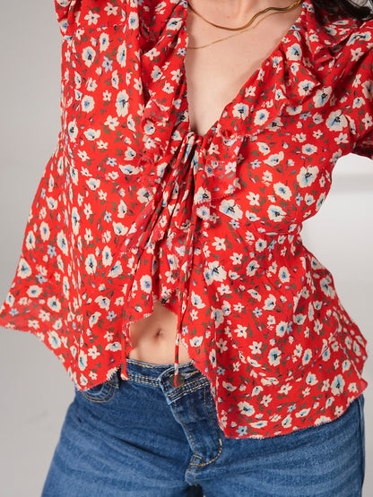Philippa Red Floral Print Ruffle Blouse