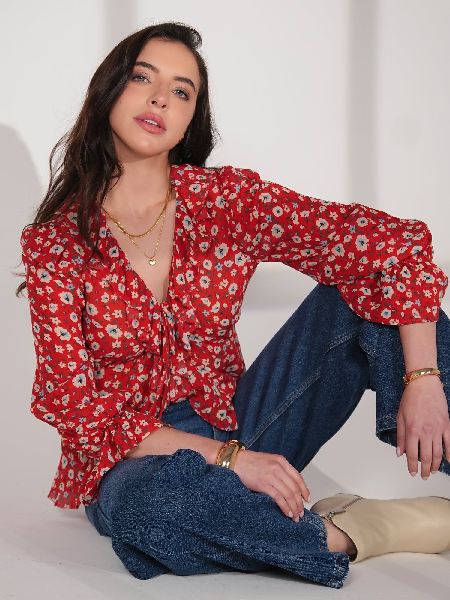 Philippa Red Floral Print Ruffle Blouse