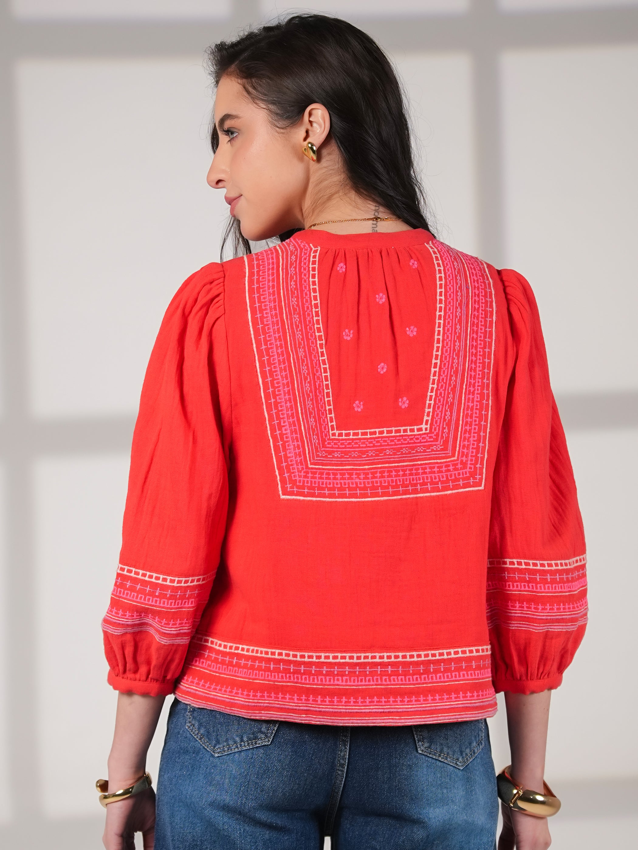Florence Coral Red Embroidered Easy Throw-On Jacket