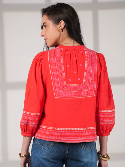 Florence Coral Red Embroidered Easy Throw-On Jacket