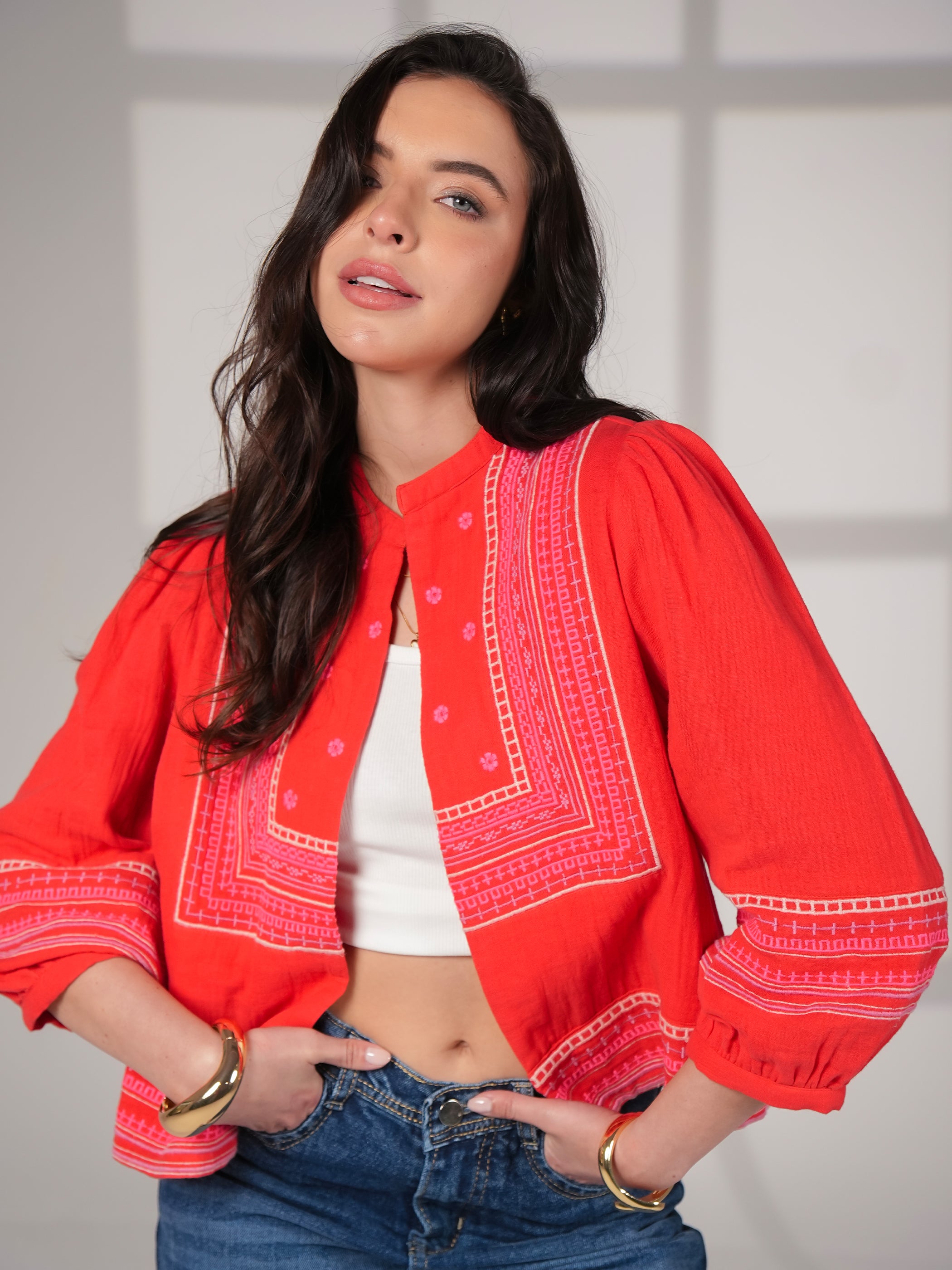 Florence Coral Red Embroidered Easy Throw-On Jacket