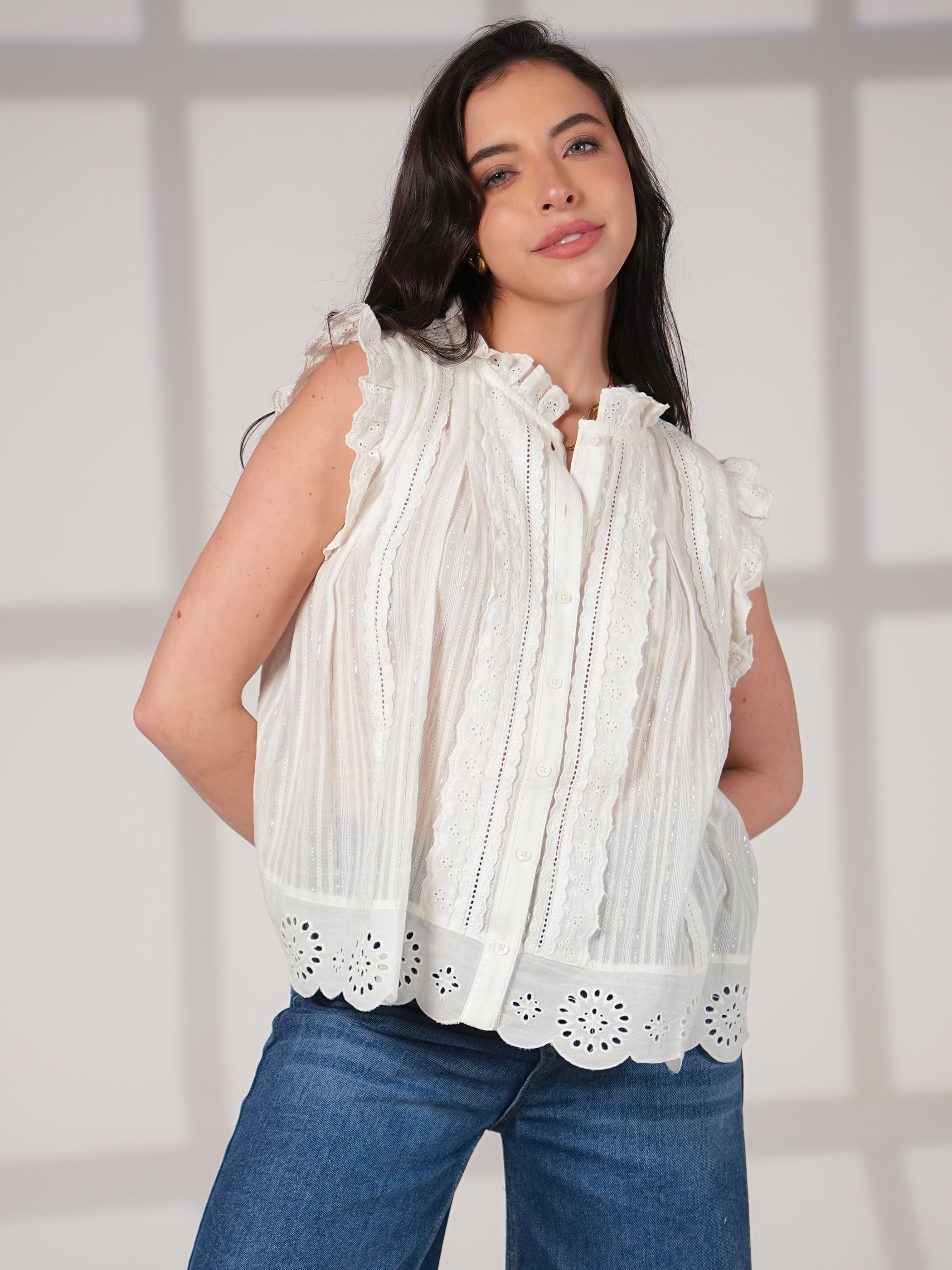 Jean Ivory Cotton Lace Trim  Pretty Swing Top