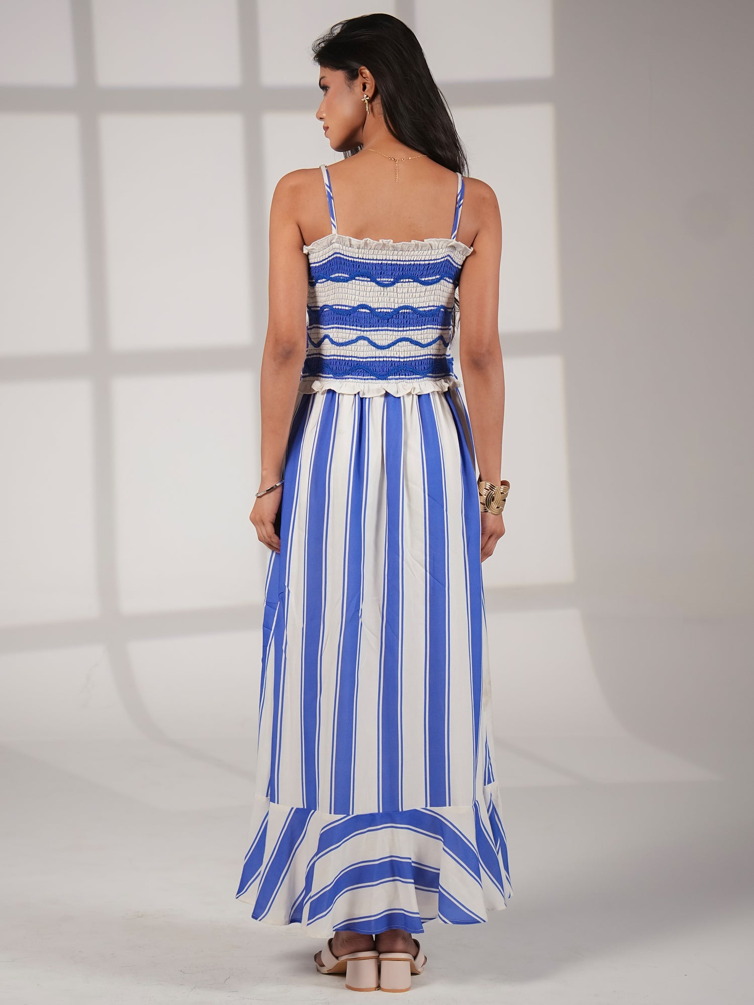 Seraphine Blue And White  Stripe Wave Embroidered Maxi Dress