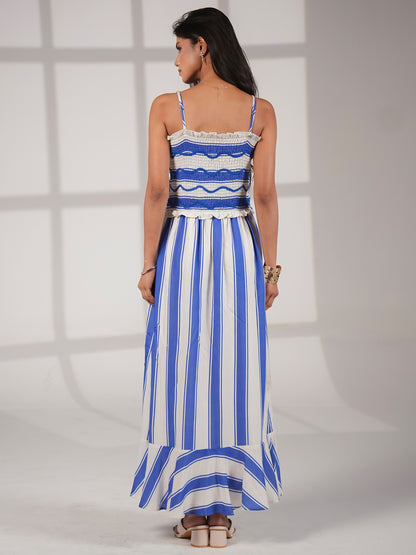 Seraphine Blue And White  Stripe Wave Embroidered Maxi Dress