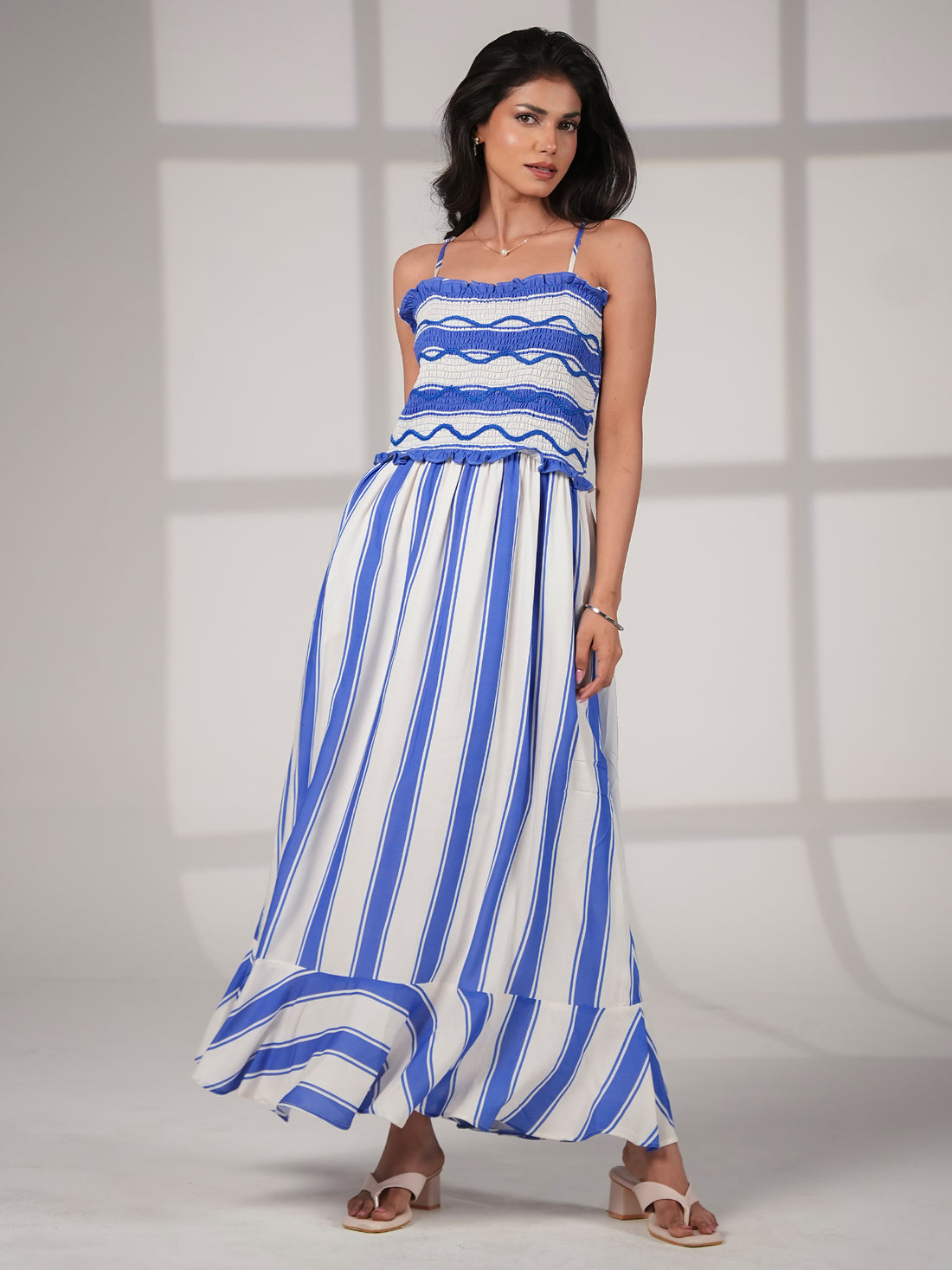 Seraphine Blue And White  Stripe Wave Embroidered Maxi Dress