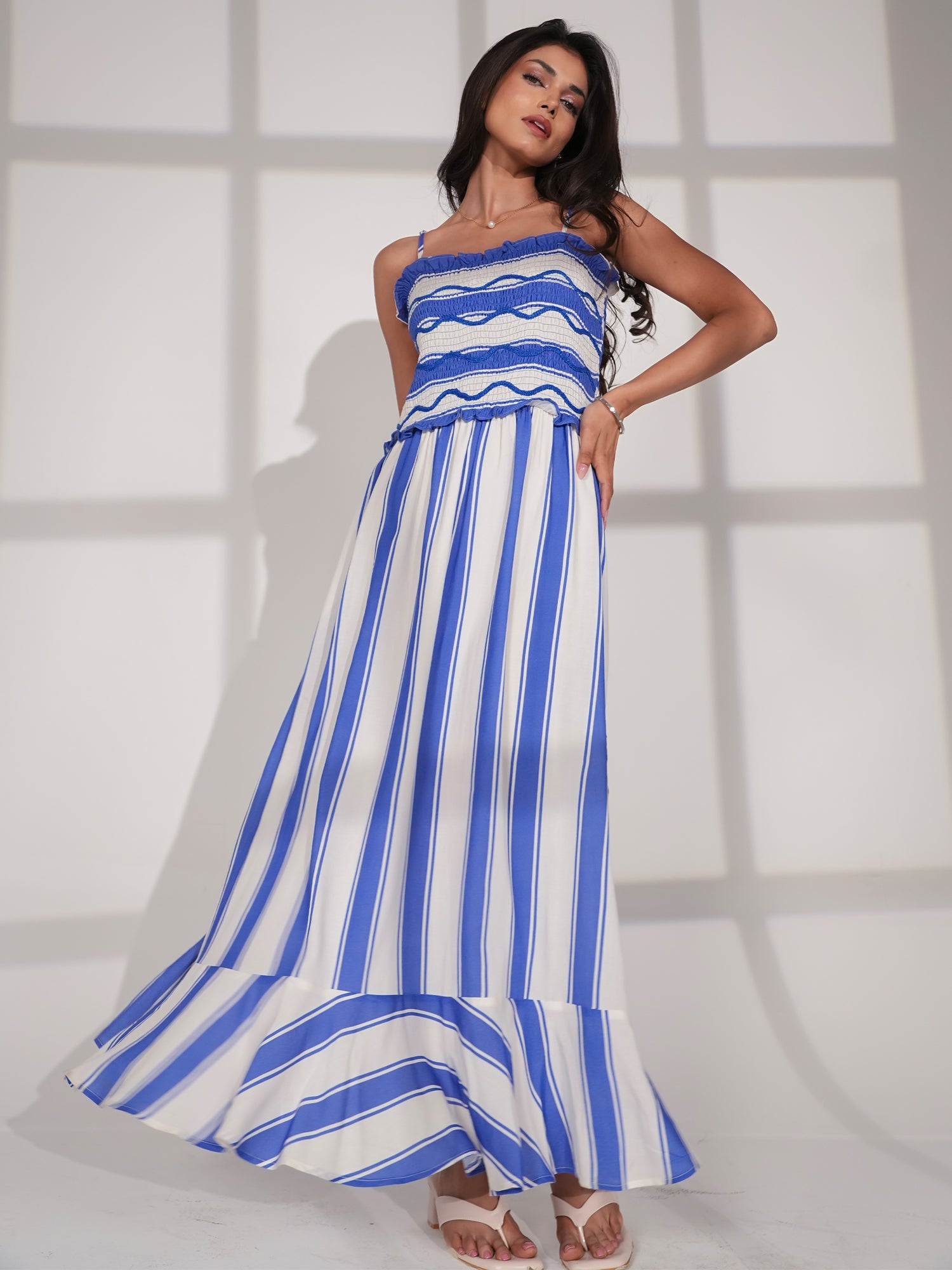Seraphine Blue And White  Stripe Wave Embroidered Maxi Dress