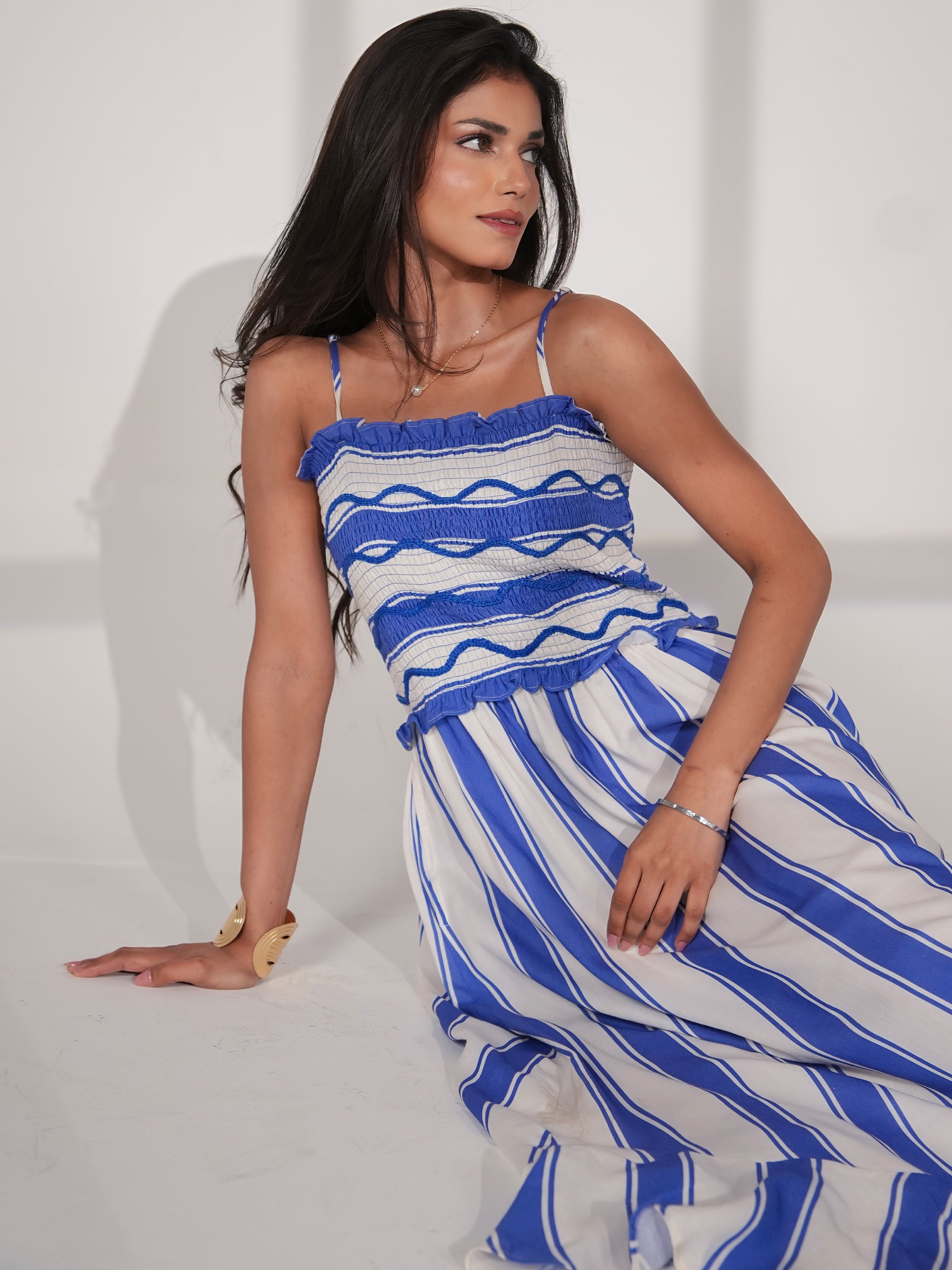 Seraphine Blue And White  Stripe Wave Embroidered Maxi Dress