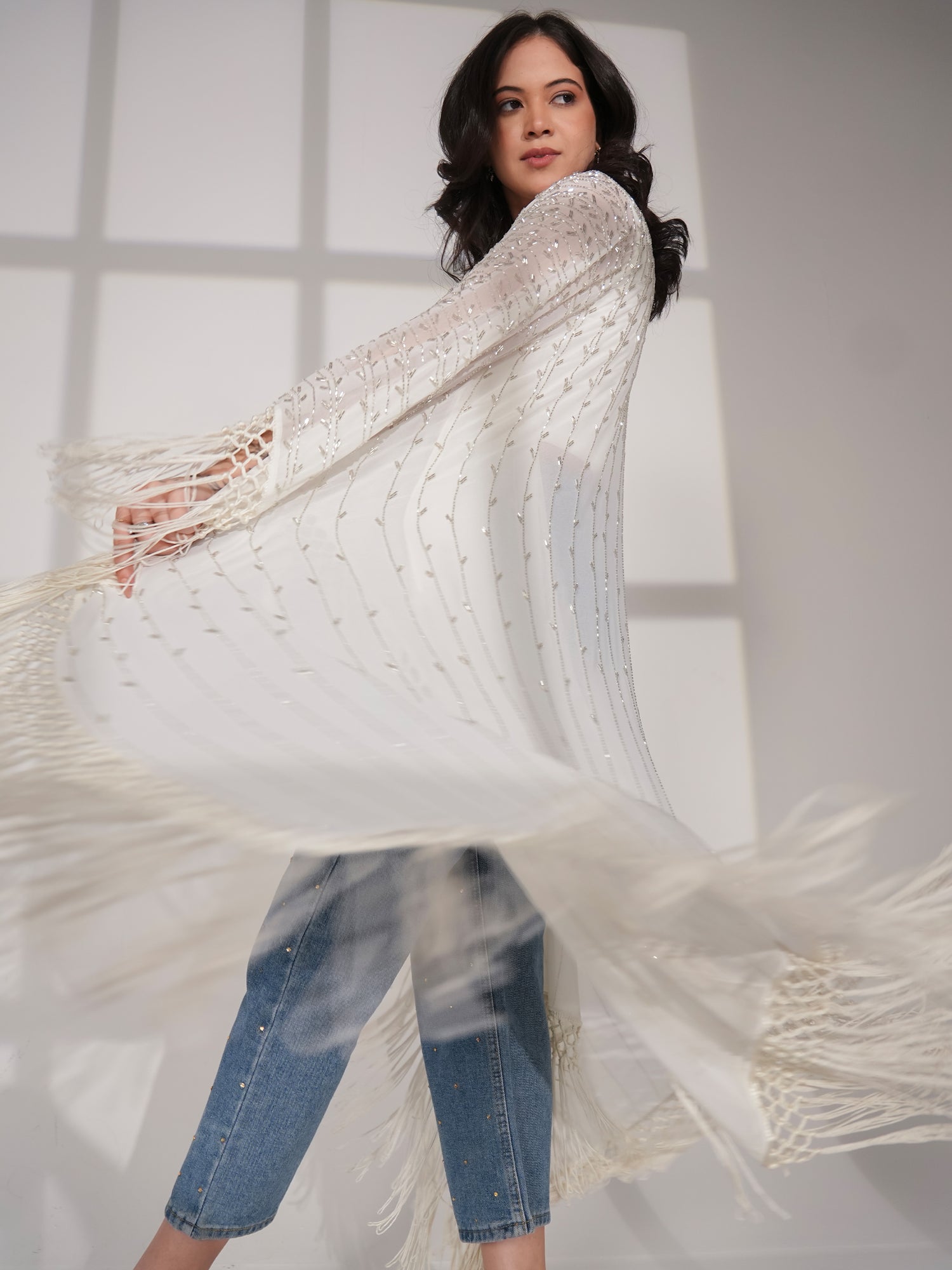 Fi Statement Hand Embellished Fringe Trim Kimono