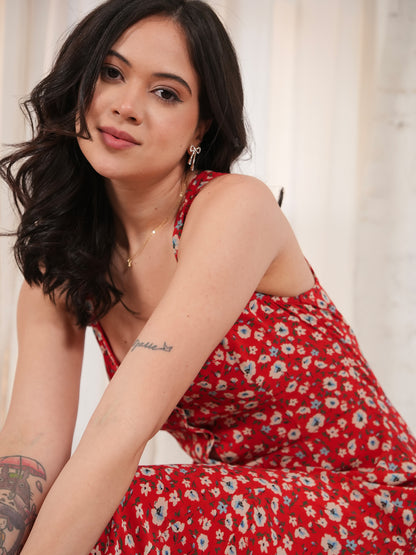 Philippa Red Floral Print Midi Dress