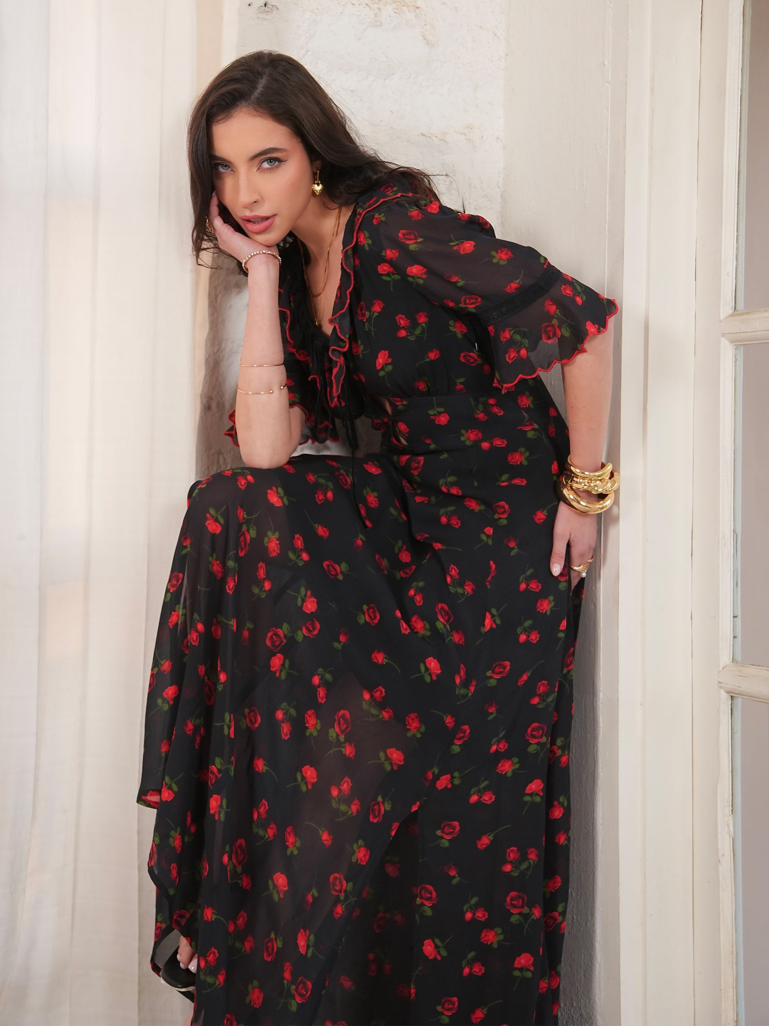 Toni Red Rose Print Velvet Tie Maxi Dress 