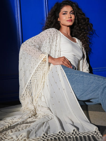 Fi Statement Hand Embellished Fringe Trim Kimono