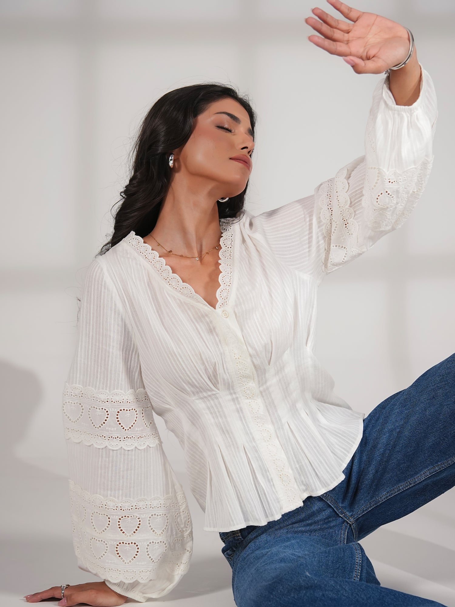 Harri White Cotton Heart Lace Blouse