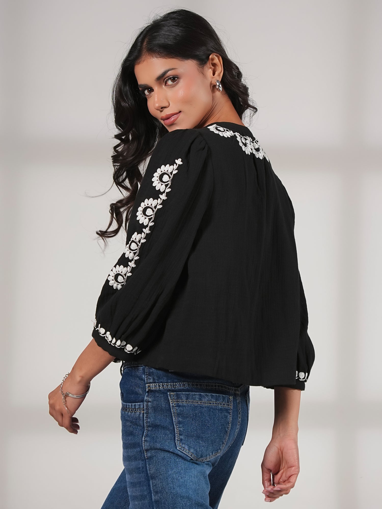 Polly Black And Ivory Embroidered Easy Throw-On Jacket