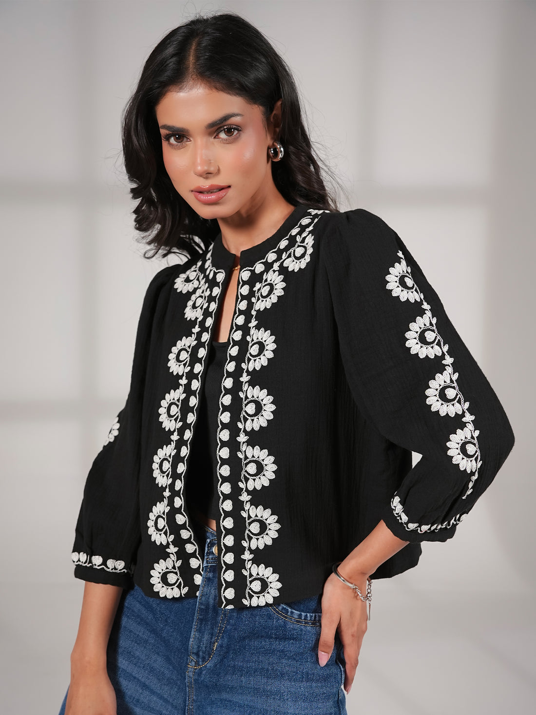 Polly Black And Ivory Embroidered Easy Throw-On Jacket