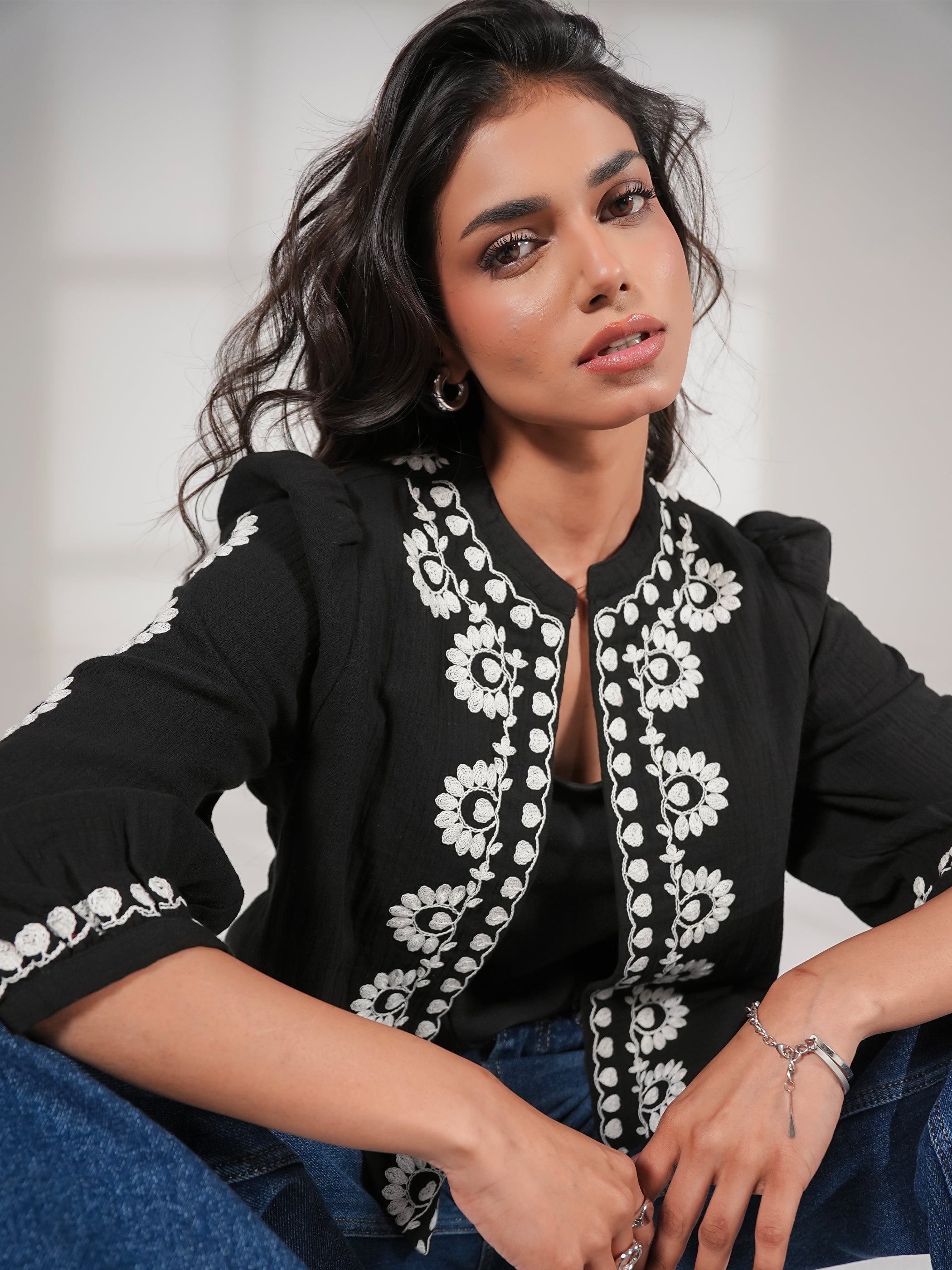 Polly Black And Ivory Embroidered Easy Throw-On Jacket
