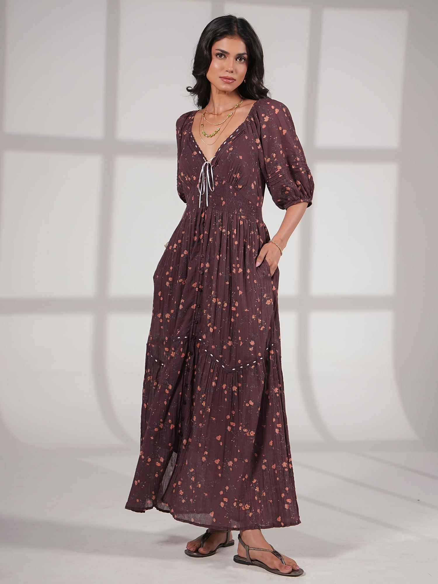 Eloise Burgundy Floral Cotton Crinkle Midi Dress