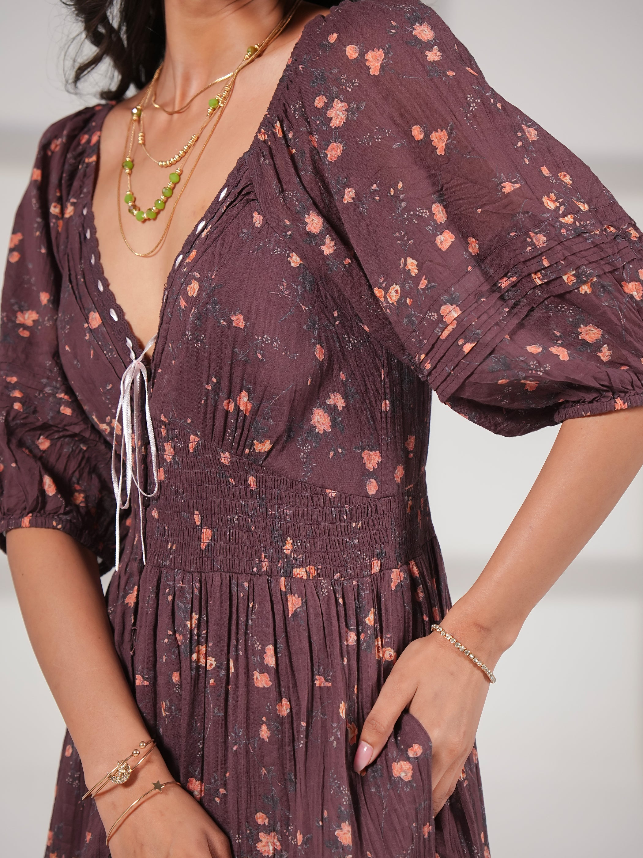 Eloise Burgundy Floral Cotton Crinkle Midi Dress