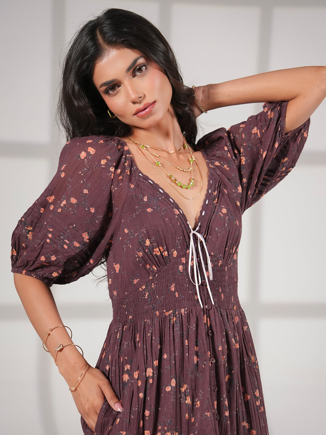 Eloise Burgundy Floral Cotton Crinkle Midi Dress