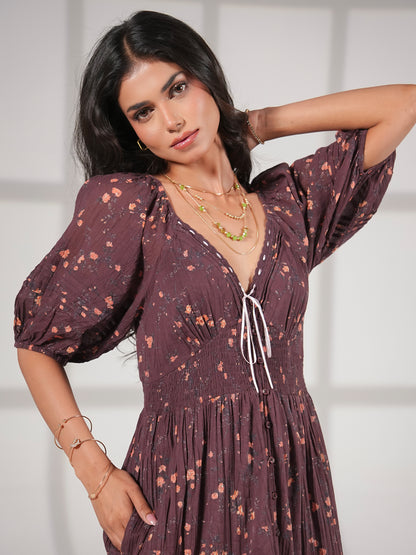 Eloise Burgundy Floral Cotton Crinkle Midi Dress