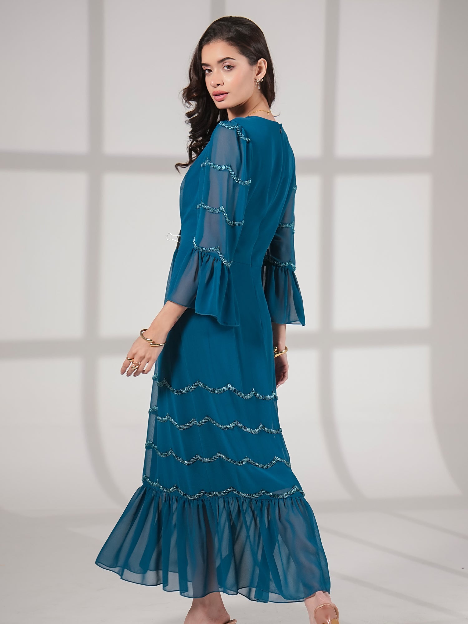 Georgie Teal Scallop Bead Midi Dress