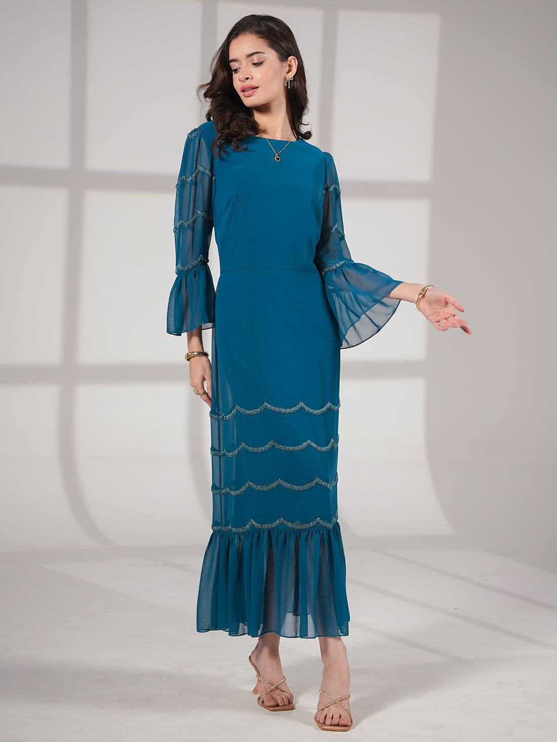 Georgie Teal Scallop Bead Midi Dress