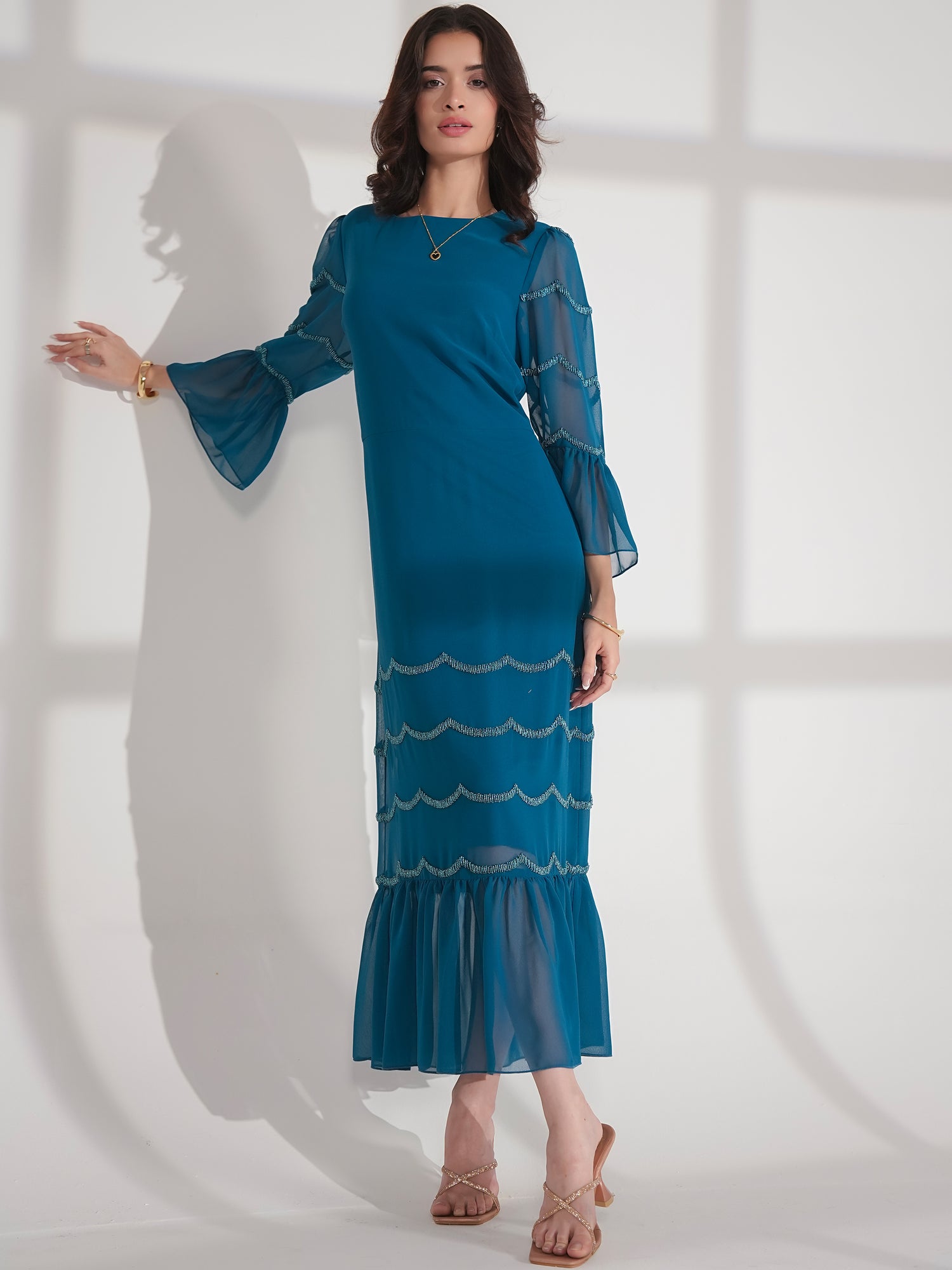 Georgie Teal Scallop Bead Midi Dress