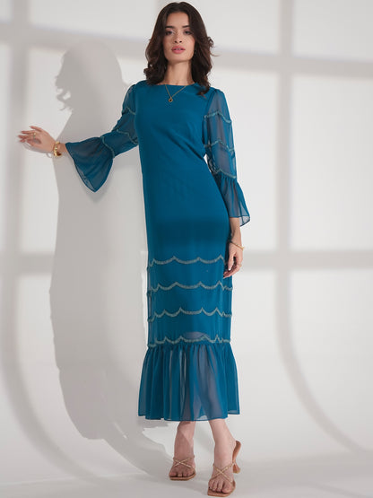 Georgie Teal Scallop Bead Midi Dress