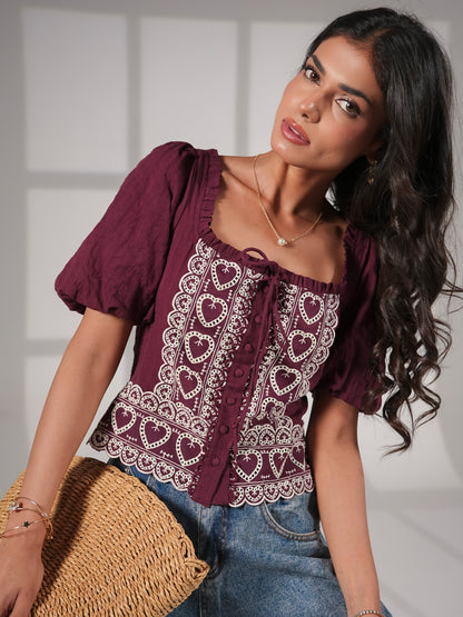 Harri Burgundy Heart Embroidery Short Sleeve Top
