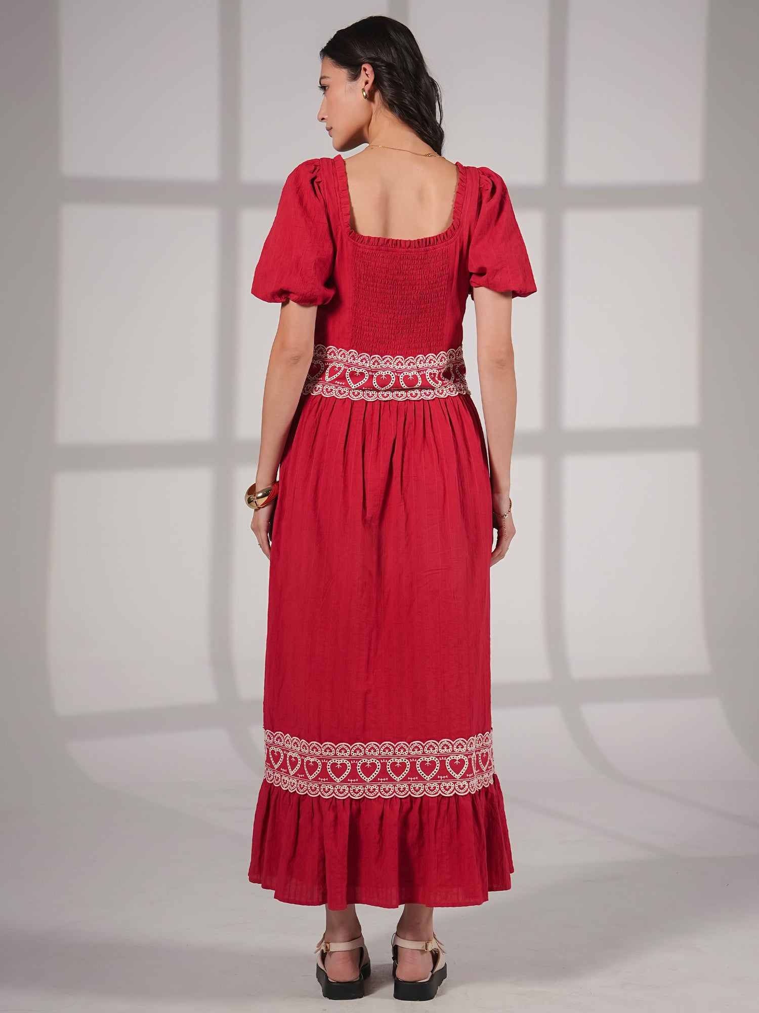 Harri Red And White Cotton Heart Embroidery Short Sleeve Maxi Dress